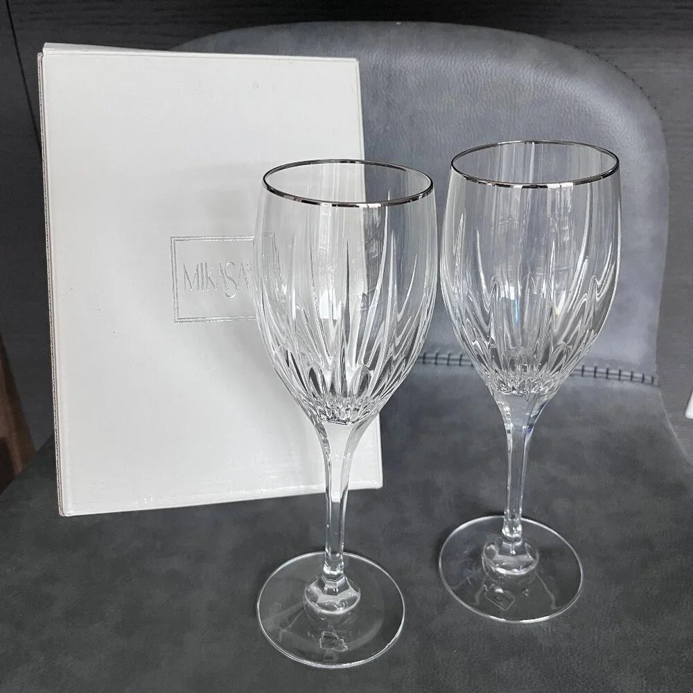Mikasa Arctic Lights Platinum Rim Crystal Goblet Glasses Set of 2 NIB